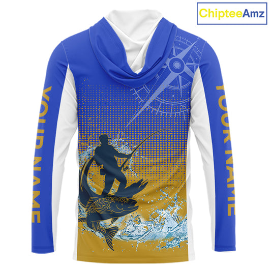 Trout Fishing Shirts Long Sleeve Fisherman Compass Blue And Yellow, Trout Fly Fishing Jerseys NBT389