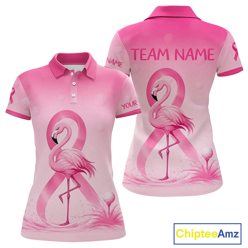 Back view of breast cancer awareness golf shirt with flamingo print and charity message