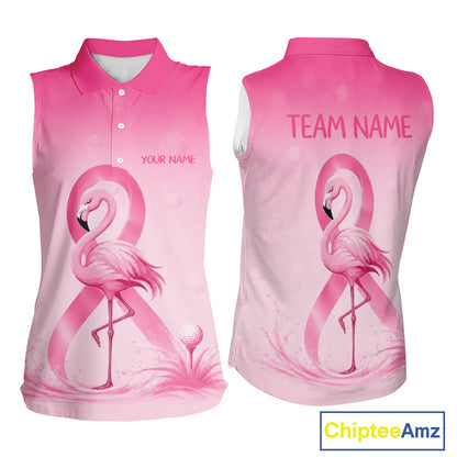 Back view of breast cancer awareness sleeveless golf shirt with flamingo print and charity message