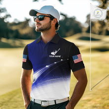 Load image into Gallery viewer, Golfer wearing blue golf ball American flag mens golf polo shirt on the course