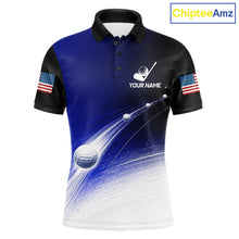 Load image into Gallery viewer, Front view of blue golf ball pattern American flag mens golf polo shirt