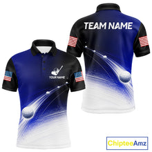 Load image into Gallery viewer, Front and back view of blue golf ball pattern American flag mens golf polo shirt with personalized name