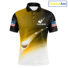 Load image into Gallery viewer, Front view of yellow golf ball pattern American flag mens golf polo shirt

