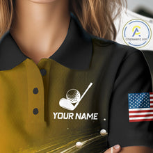 Load image into Gallery viewer, Black Gold Golf Ball Pattern American Flag Womens Golf Polo Shirts, Team Golf Shirts Golf Gifts NBT871