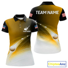 Load image into Gallery viewer, Black Gold Golf Ball Pattern American Flag Womens Golf Polo Shirts, Team Golf Shirts Golf Gifts NBT871
