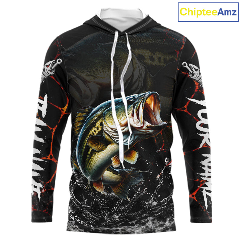 Front view of Bass Fishing camo long sleeve hooded fishing shirt UPF protection with personalized name 