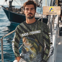 Load image into Gallery viewer, Personalized Reed Camo Bass Fishing Long Sleeve Shirts, Custom Diagonal Stripe Largemouth Bass Tournament Jerseys|Green NBT347