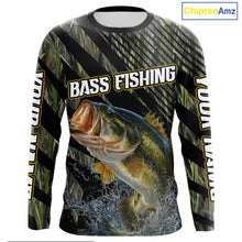 Load image into Gallery viewer, Personalized Reed Camo Bass Fishing Long Sleeve Shirts, Custom Diagonal Stripe Largemouth Bass Tournament Jerseys|Green NBT347