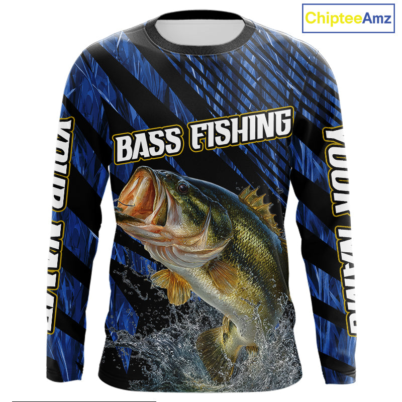 Personalized Reed Camo Bass Fishing Long Sleeve Shirts, Custom Bass Tournament Jerseys|Blue NBT348