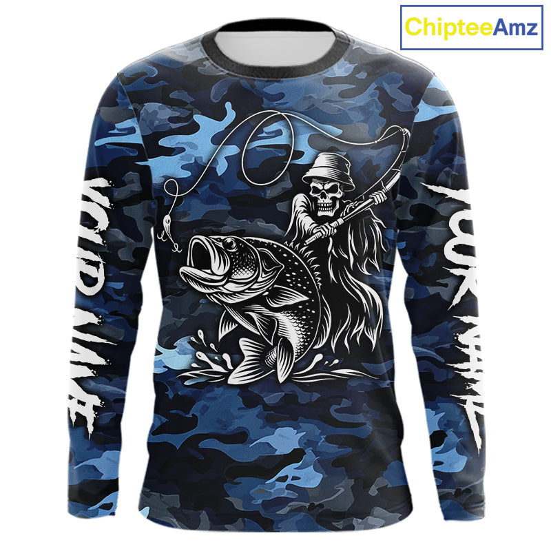Reaper Fishing Largemouth Bass Long Sleeve Fishing Shirts Blue Camo, Camo Fishing Shirt NBT391
