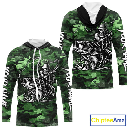 Reaper Fishing Largemouth Bass Long Sleeve Hooded Fishing Shirts Green Camo, Camo Fishing Shirt NBT392