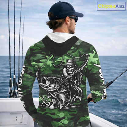 Reaper Fishing Largemouth Bass Long Sleeve Hooded Fishing Shirts Green Camo, Camo Fishing Shirt NBT392