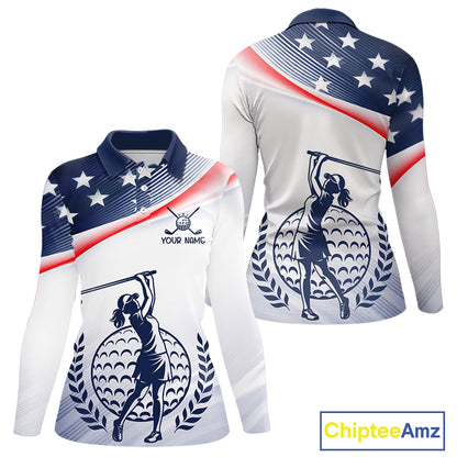 American Flag White Womens Golf Polo Shirts Custom Patriotic Womens Golf Top, Golf Gifts NBT547