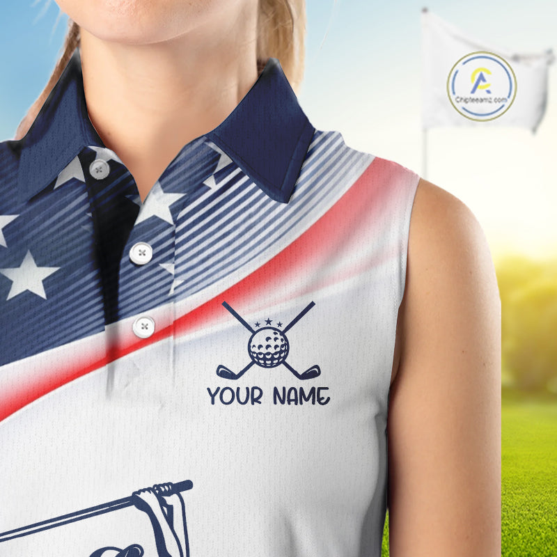 American Flag White Women Sleeveless Golf Polo Shirts Custom Patriotic Womens Golf Top, Golf Gifts NBT547