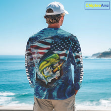 Load image into Gallery viewer, American Flag Mahi Mahi (Dorado) Fishing Custom Name Blue Water Camo Long Sleeve Fishing Shirt NBT689