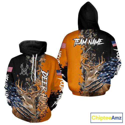 Whitetail Deer Hunting Orange Forest Camo US Flag Shirts, Personalized Hunting Shirt NBT258
