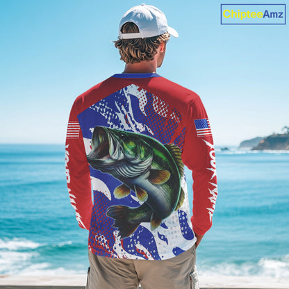 Bass Fishing American Flag Fishing Shirts Long Sleeve, Bass Fishing Shirts For Men, UPF Fishing Shirts NBT436