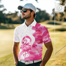 Load image into Gallery viewer, A golfer man in a golf course wearing a funny pink camo flamingo breast cancer awareness golf polo shirt with “Your Name” and a golf course graphic on the sleeve.