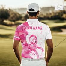 Load image into Gallery viewer, A golfer man in a golf course wearing a pink and white funny flamingo breast cancer awareness golf polo shirt with “Team Name” on the back.