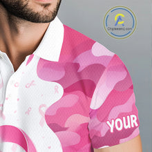 Load image into Gallery viewer, Close-up breathable fabric of funny pink camo flamingo breast cancer awareness golf polo shirt with “Your Name” on the sleeve.