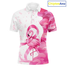 Load image into Gallery viewer, Front views of a funny pink camo flamingo breast cancer awareness golf polo shirt, personalized name text.