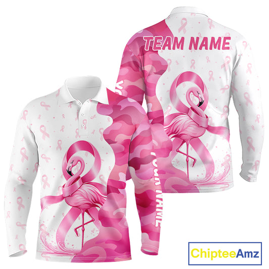 Front and back views of a funny white and pink flamingo, personalized name text on the sleeve, and team name on the back.