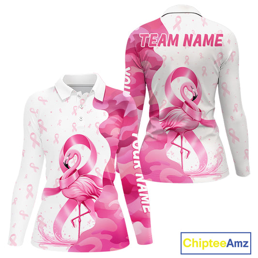 Front and back views of a womens Breast Cancer Awareness pink ribbon golf polo shirt, name text on the sleeve and team name on the back.