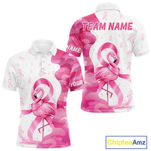 Load image into Gallery viewer, Front and back views of a funny pink camo flamingo breast cancer awareness golf polo shirt, personalized name text on the sleeve and "Team Name" on the back.