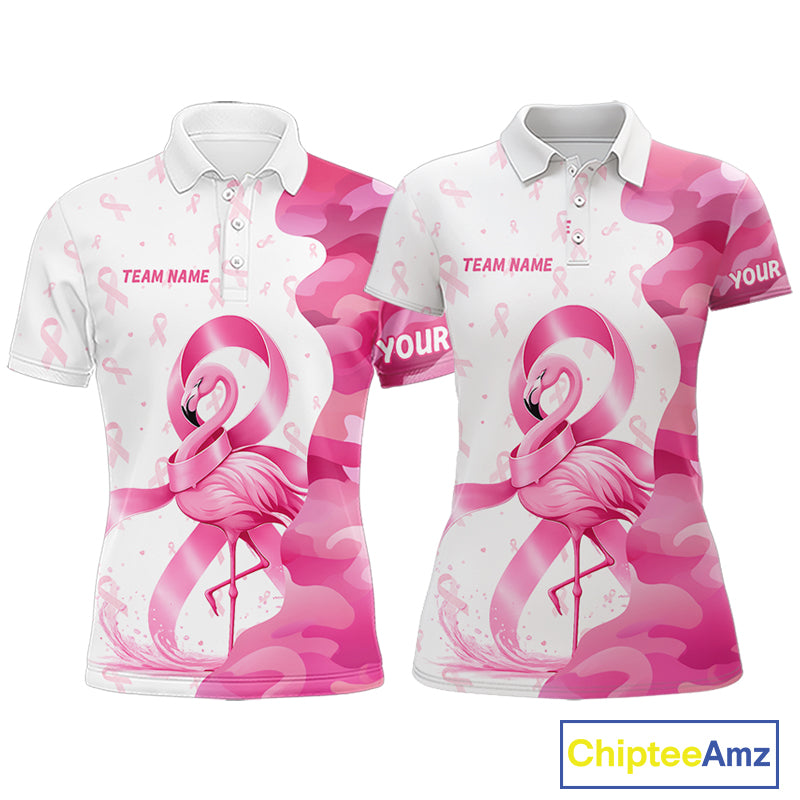 Matching golf polo shirt with pink flamingo design and breast cancer awareness ribbons. Customized her name, his name and team name