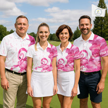 Load image into Gallery viewer, Four people in matching pink and white flamingo breast cancer awareness outfits on a golf course, personalized name text on the sleeve.
