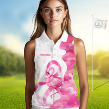 Load image into Gallery viewer, A woman wearing a Breast Cancer Awareness pink ribbon golf polo shirt with “Your Name” on the chest.