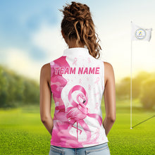 Load image into Gallery viewer, A woman wearing a Breast Cancer Awareness pink ribbon golf polo shirt with “Team Name” on the back.