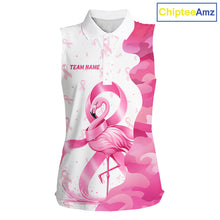 Load image into Gallery viewer, Front views of a womens Breast Cancer Awareness flamingo and pink ribbon sleeveless golf polo shirt, name text on the chest.
