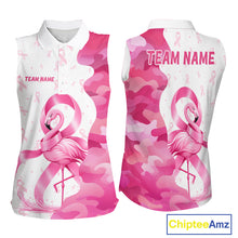 Load image into Gallery viewer, Front and back views of a womens Breast Cancer Awareness flamingo and pink ribbon golf polo shirt, name text on the sleeve and team name on the back.