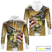 Load image into Gallery viewer, American Flag Walleye Long Sleeve Hooded Fishing Shirts Fish Scale, Custom Patriotric Walleye Fishing Shirts NBT394
