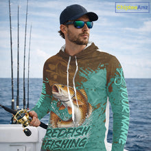 Load image into Gallery viewer, Personalized Redfish Long Sleeve Hooded Fishing Shirts Brown Turquoise Camo, Redfish Fishing Shirts For Men NBT396