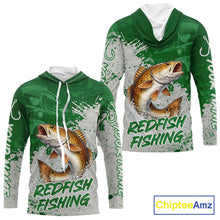 Load image into Gallery viewer, Personalized Redfish Long Sleeve Hooded Fishing Shirts Green Camo, Redfish Fishing Shirts For Men NBT398