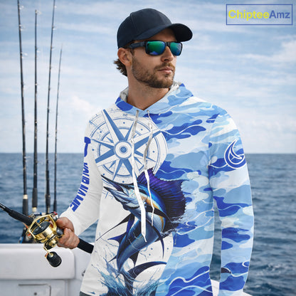 Custom Blue Camo Saltwater Sailfish Long Sleeve Hooded Fishing Shirts, Offshore Fishing Shirt NBT794
