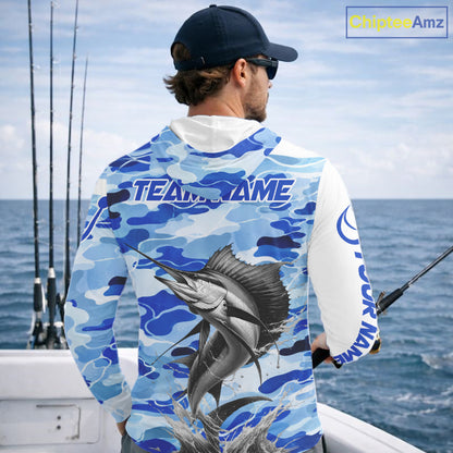 Custom Blue Camo Saltwater Sailfish Long Sleeve Hooded Fishing Shirts, Offshore Fishing Shirt NBT794