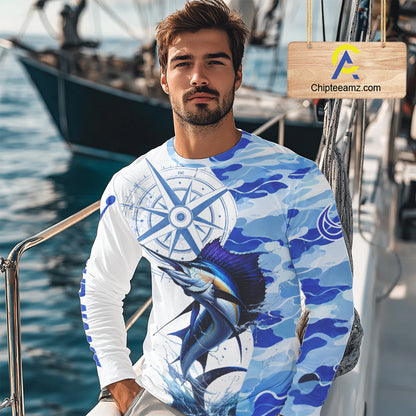 A man wearing a sailfish fishing shirt long sleeve with custom name on the sleeve.