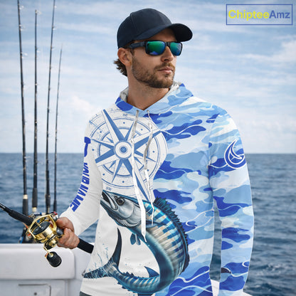 Custom Blue Camo Saltwater Wahoo Long Sleeve Hooded Fishing Shirts, Offshore Fishing Shirt NBT796