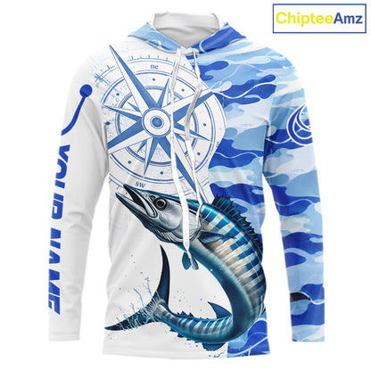 Custom Blue Camo Saltwater Wahoo Long Sleeve Hooded Fishing Shirts, Offshore Fishing Shirt NBT796