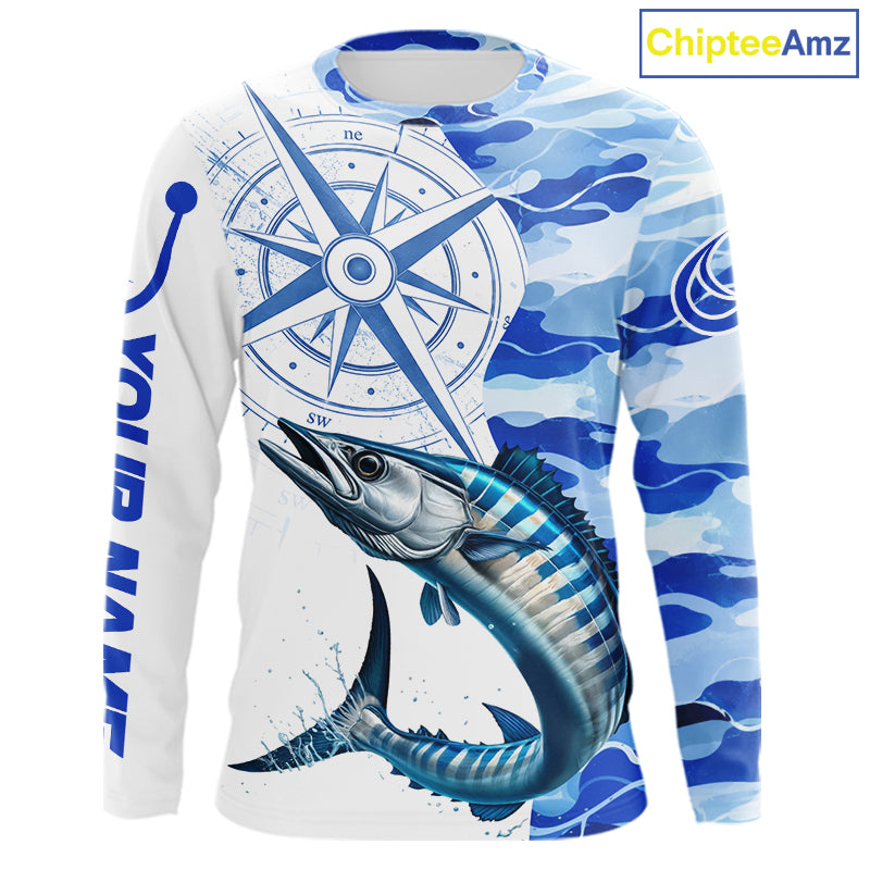 Front views of a wahoo fishing shirt long sleeve with name text on the sleeve.
