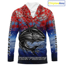 Load image into Gallery viewer, Custom Red Blue Tuna Fishing Long Sleeve Hooded Fishing Shirts, Saltwater Offshore Fishing Shirts NBT399