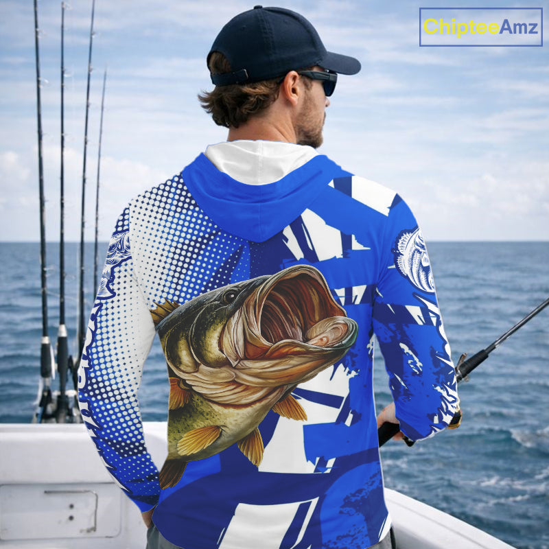 Blue Camo Largemouth Bass Long Sleeve Hooded Fishing Shirts, Bass Fishing Shirts For Men NBT442