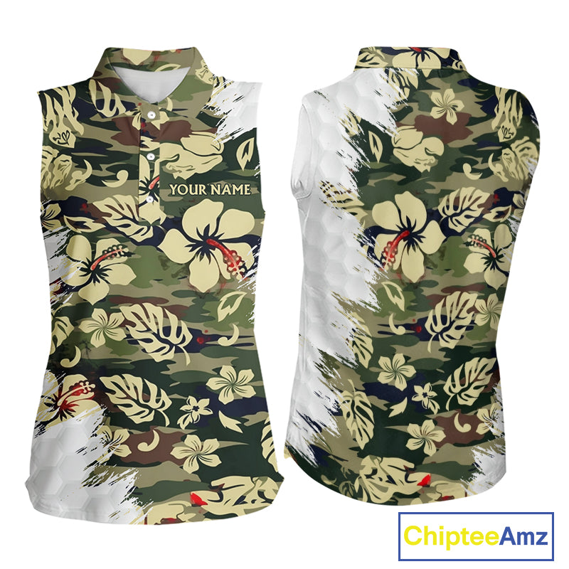 Green Camo Tropical Pattern Womens Sleeveless Golf Polo Shirts Custom Golf Outfit, Team Golf Shirt NBT698