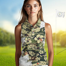Load image into Gallery viewer, Green Camo Tropical Pattern Womens Sleeveless Golf Polo Shirts Custom Golf Outfit, Team Golf Shirt NBT698