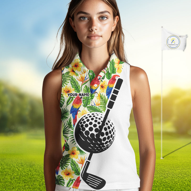 Funny Tropical Parrot And Golf Pattern Womens Sleeveless Polo Golf Shirts Custom Golf Team Shirts Golfer Outfit, Golf Gifts NBT700