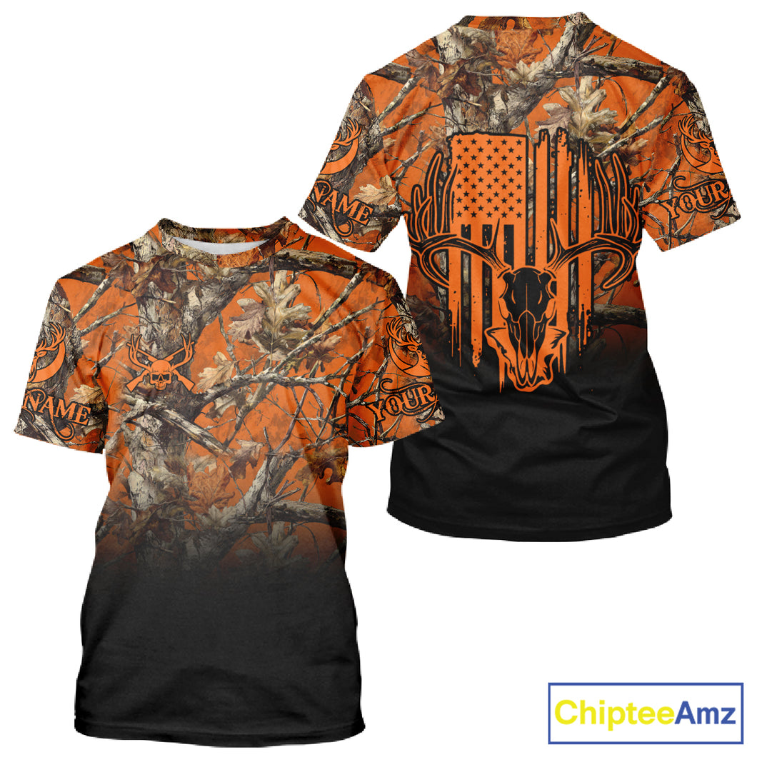 Best Orange Camouflage Deer Hunting Custom Name US Flag Shirts, Deer Hunting Clothes NBT93