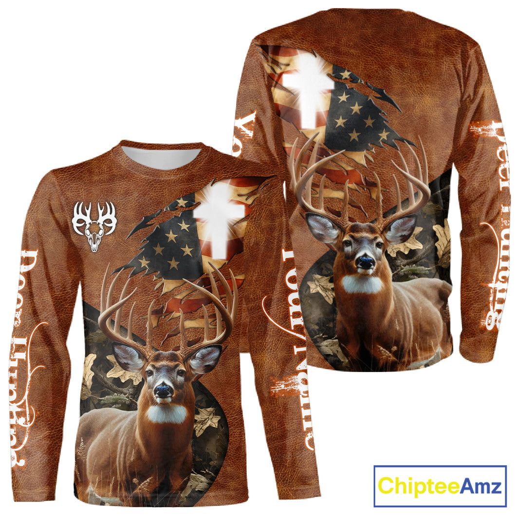 Whitetail Deer Hunting Leather Pattern US Flag Camouflage Custom Name 3D Shirts for Men NBT262